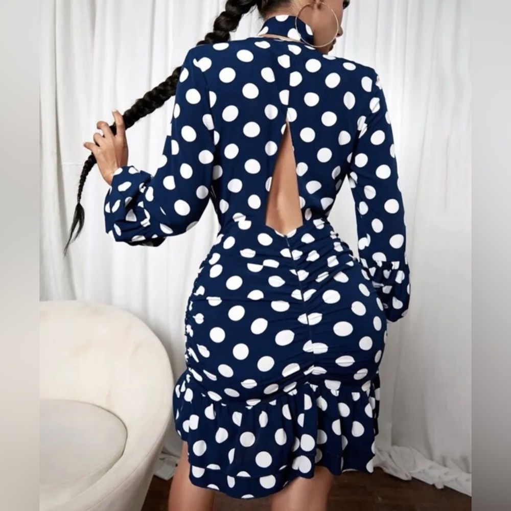 Blue & White Polka Dot Ruffled Dress with Ruching - Picture 2 of 11